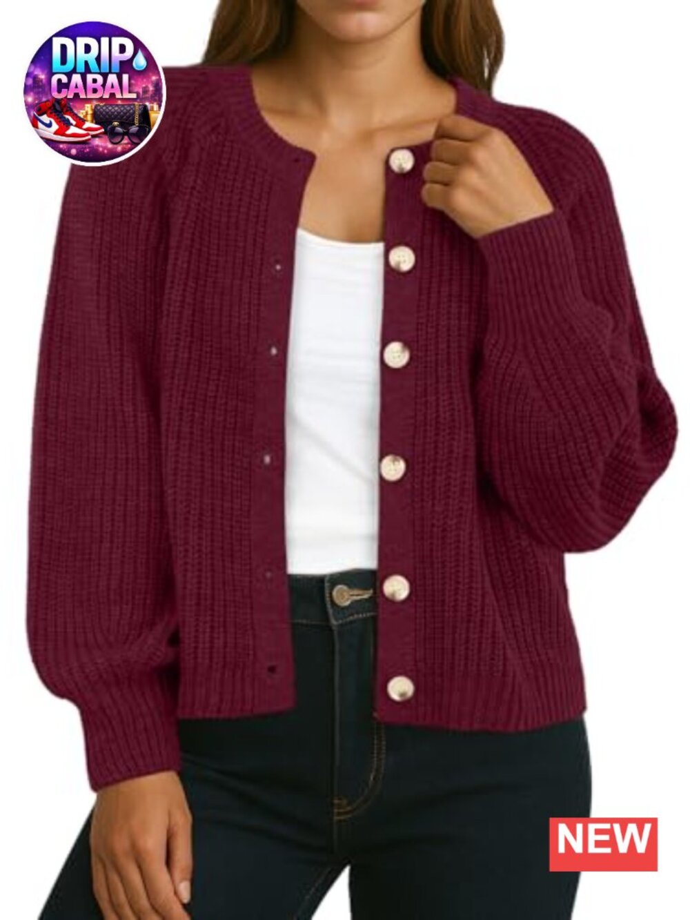 Chunky Knit Women's Cardigan Crew Neck Button Front Lantern Sleeve Fall Layering